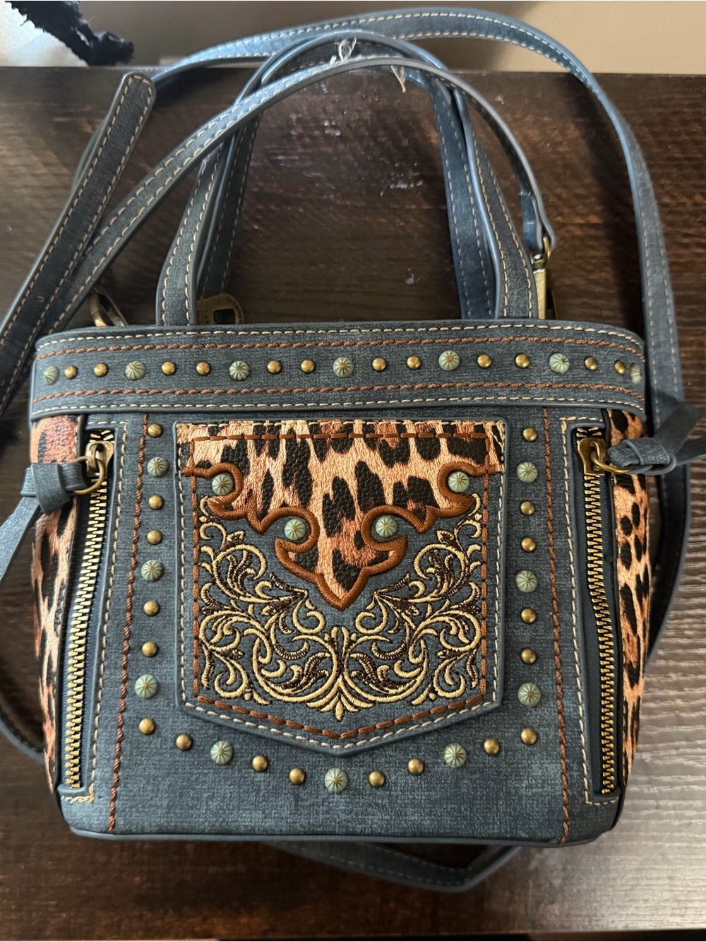 Montana West Denim Embroidered Leopard Accent Crossbody